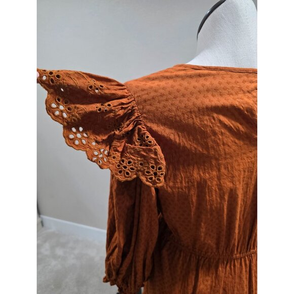 Rust Orange Long-Sleeve Textured Dress W/Eyelet Detailing & Elastic Waist By Uni - Picture 11 of 13